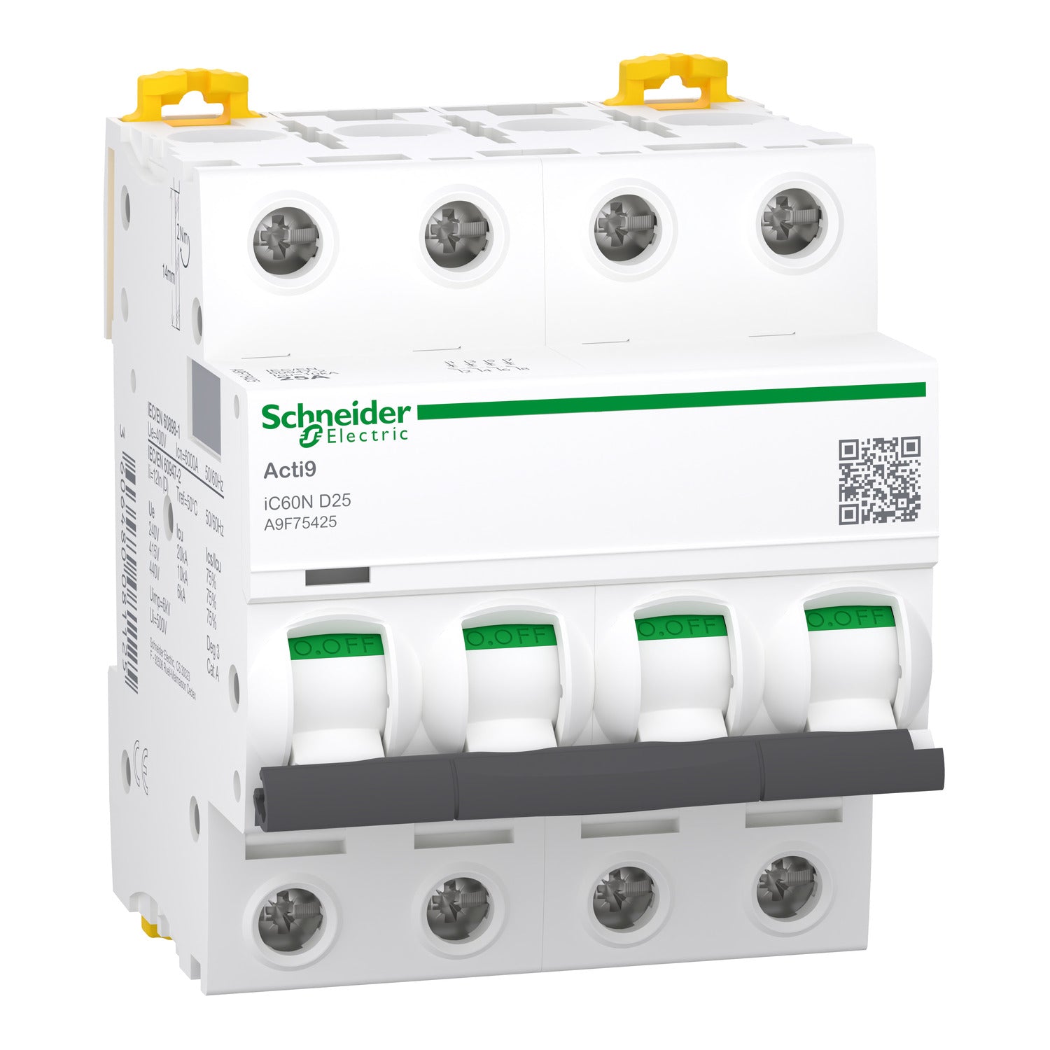 A9F75425 Miniature circuit-breaker, Acti9 iC60N, 4P, 25 A, D curve, 6000 A (IEC 60898-1), 10 kA (IEC 60947-2)