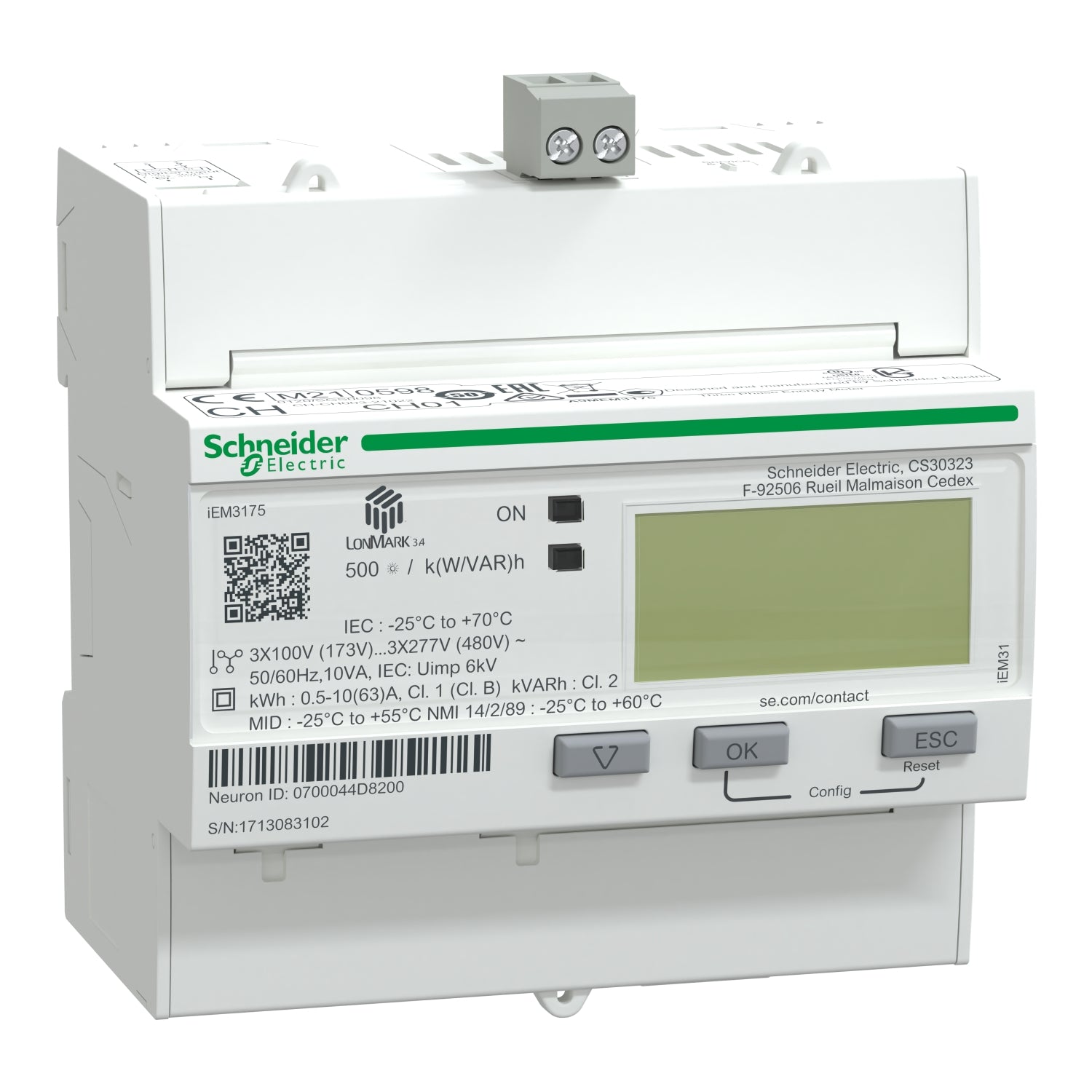 A9MEM3175 
iEM3175 energy meter - 63 A - LON - 1 digital I - multi-tariff - MID