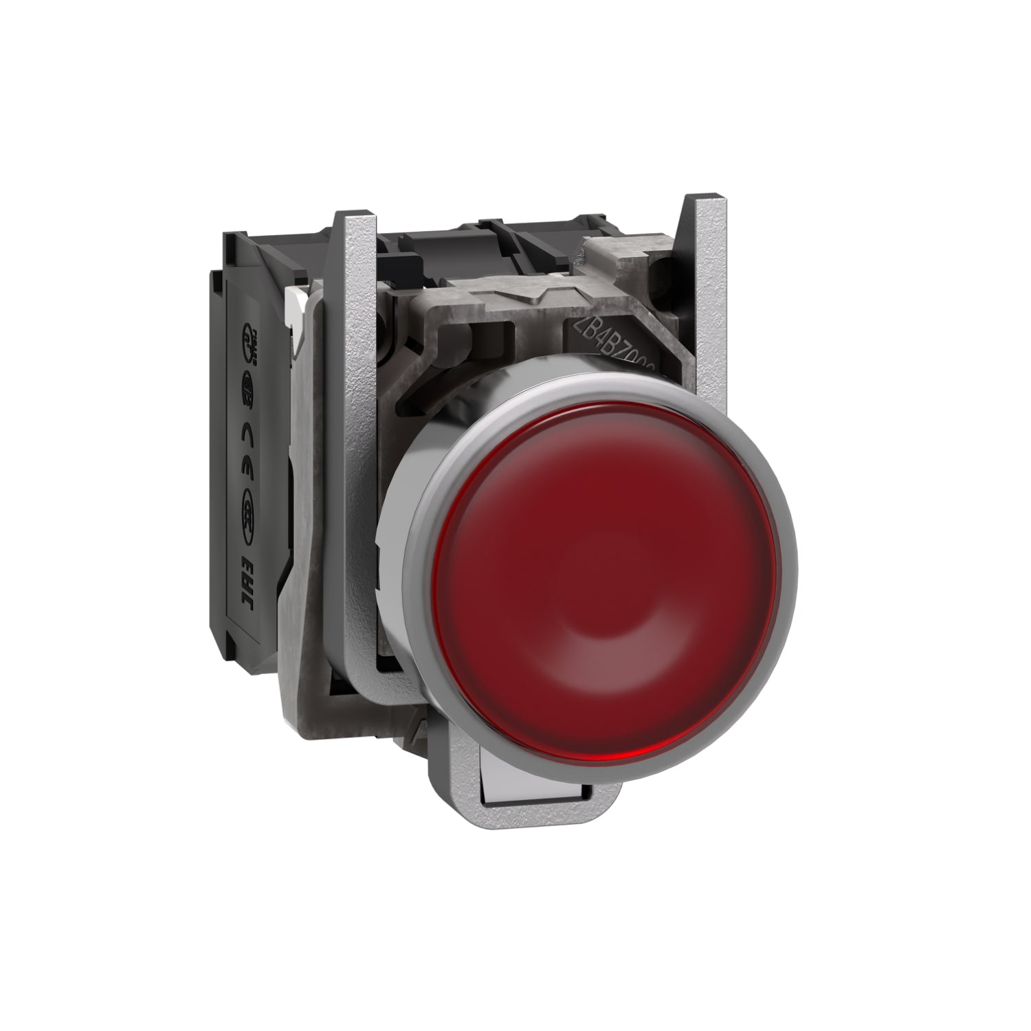 XB4BW34M5 Illuminated push button, Harmony XB4, metal, red flush, 22mm, universal LED, plain lens, 1NO + 1NC, 230...240V AC