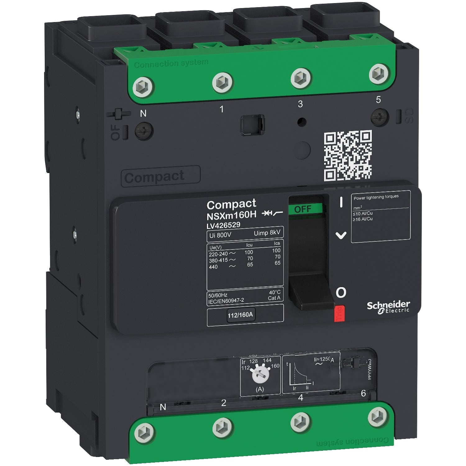 LV426119 circuit breaker ComPact NSXm E (16 kA at 415 VAC), 4P 3d, 160 A rating TMD trip unit, EverLink connectors