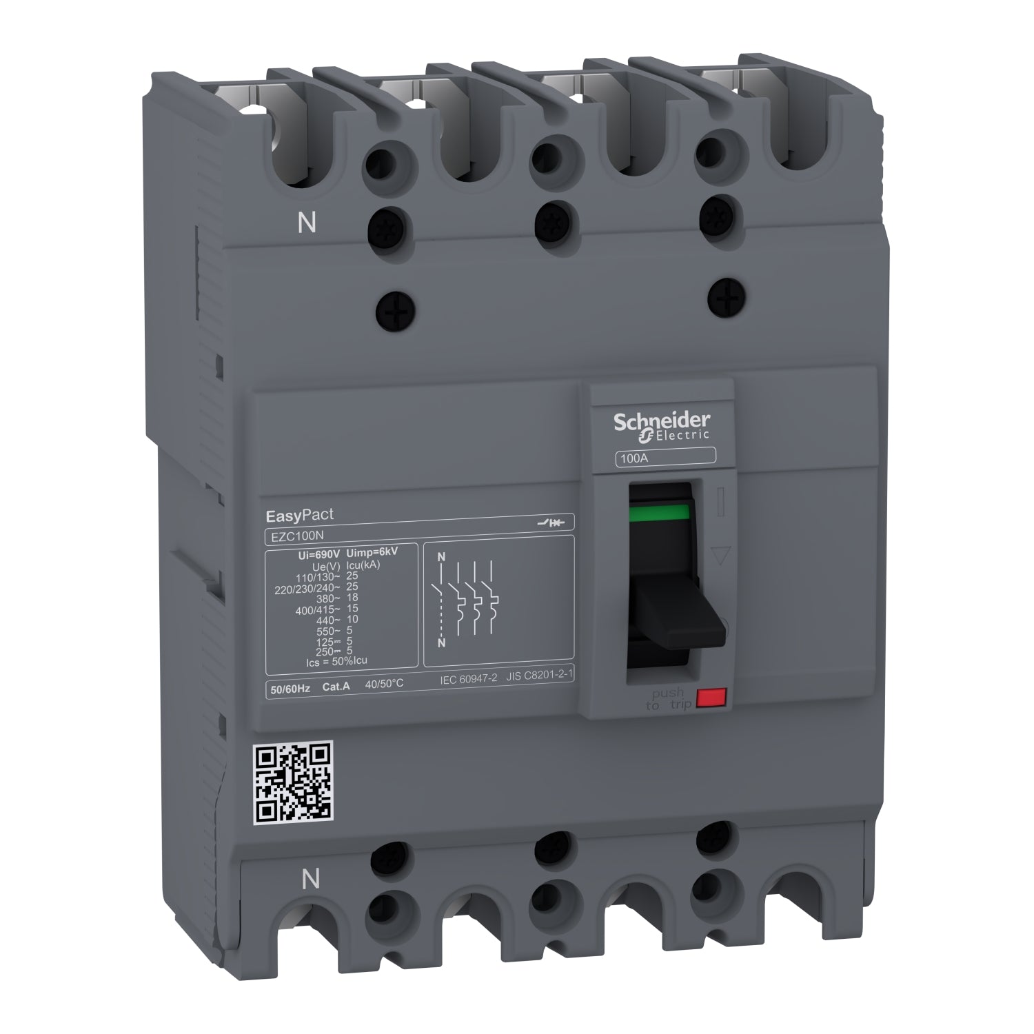 EZC100N4060 
circuit breaker, EasyPact EZC100N, TMD, 60A, 4 poles 3d
