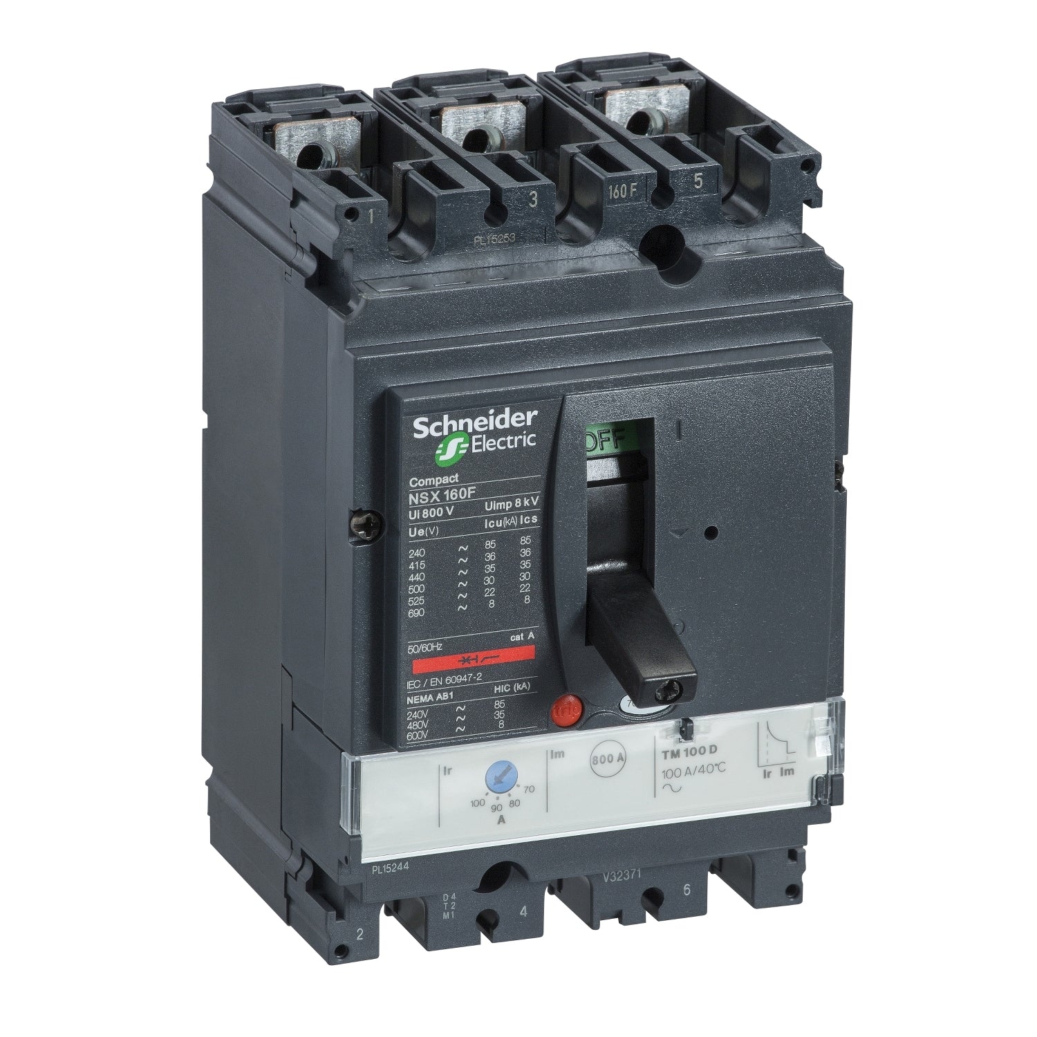 LV430841 circuit breaker ComPact NSX160N, 50 kA at 415 VAC, TMD trip unit 125 A, 3 poles 3d