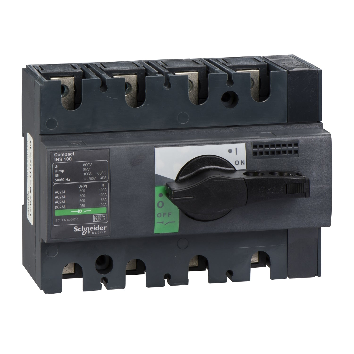 28909 switch disconnector, Compact INS100 , 100 A, standard version with black rotary handle, 4 poles