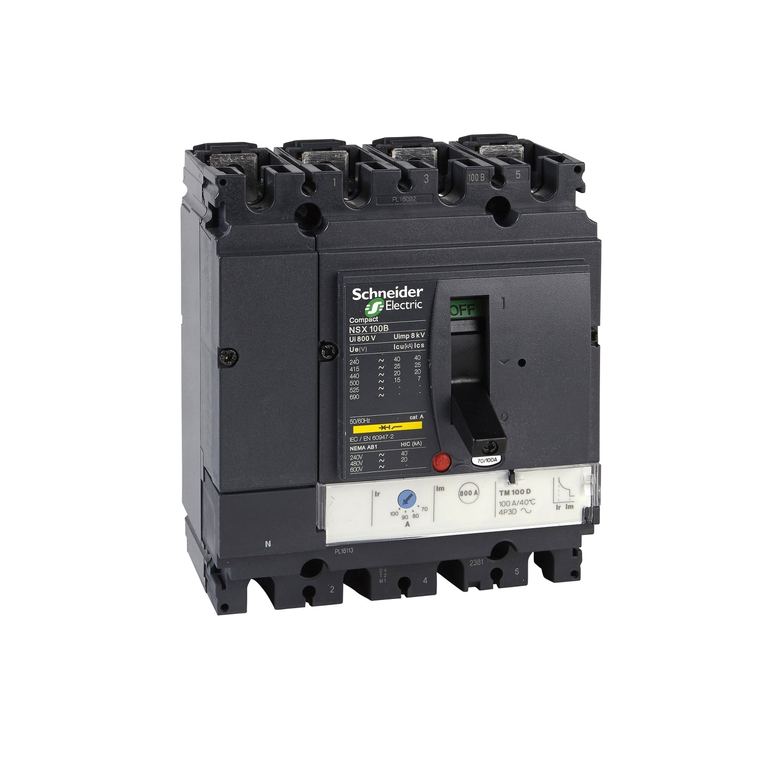 LV429860 circuit breaker ComPact NSX100N, 50 kA at 415 VAC, TMD trip unit 100 A, 4 poles 4d