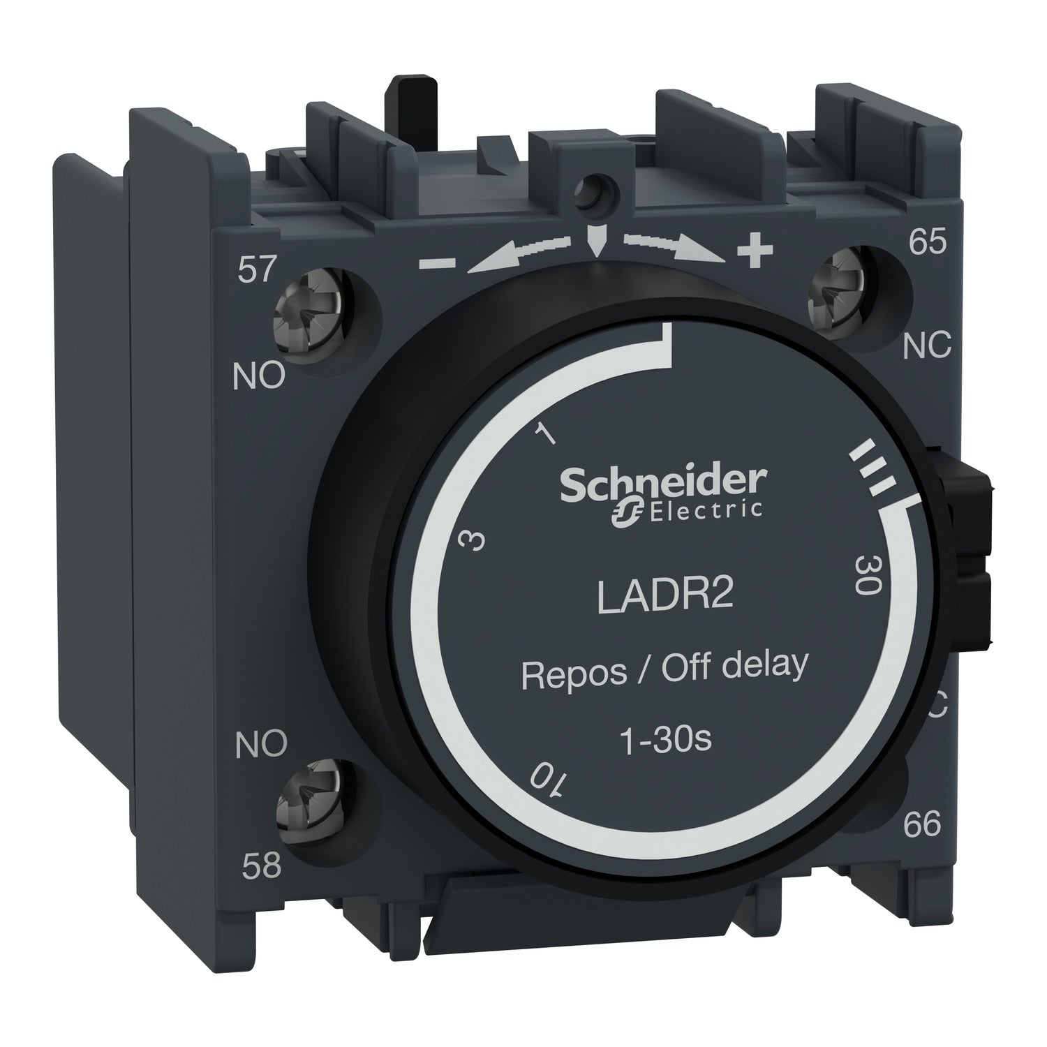 LADR2 LADR2 - Time delay auxiliary contact block, TeSys D, 1NO + 1NC, off delay 1-30 s, front mounting, screw terminals