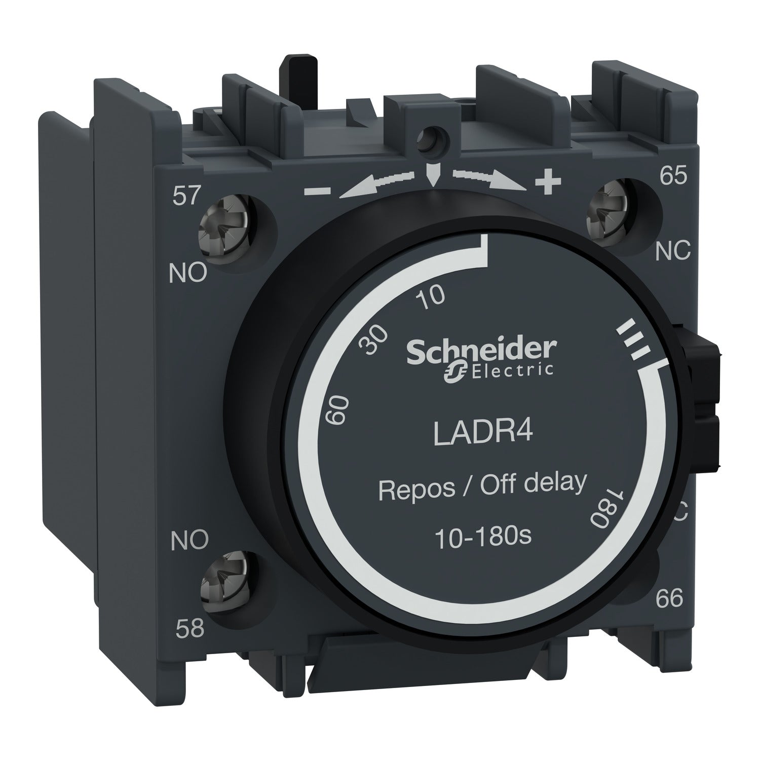 LADR4 Time delay auxiliary contact block, TeSys D, 1NO + 1NC, off delay 10-180s, front, screw clamp terminals