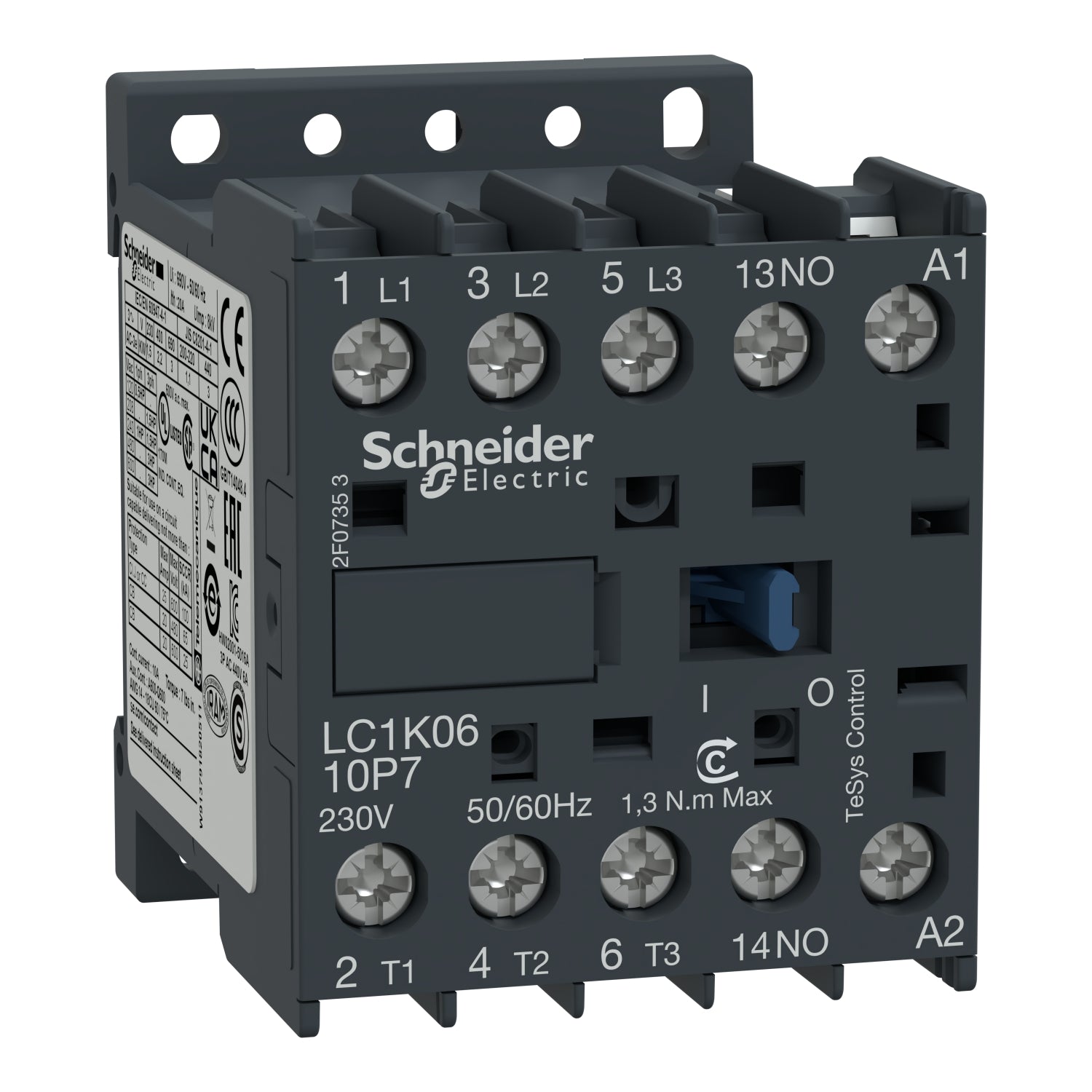 LC1K0610B7 TeSys K contactor, 3 pole, AC-3 <= 440 V 6 A, 1 NO auxiliary, 24 VAC coil