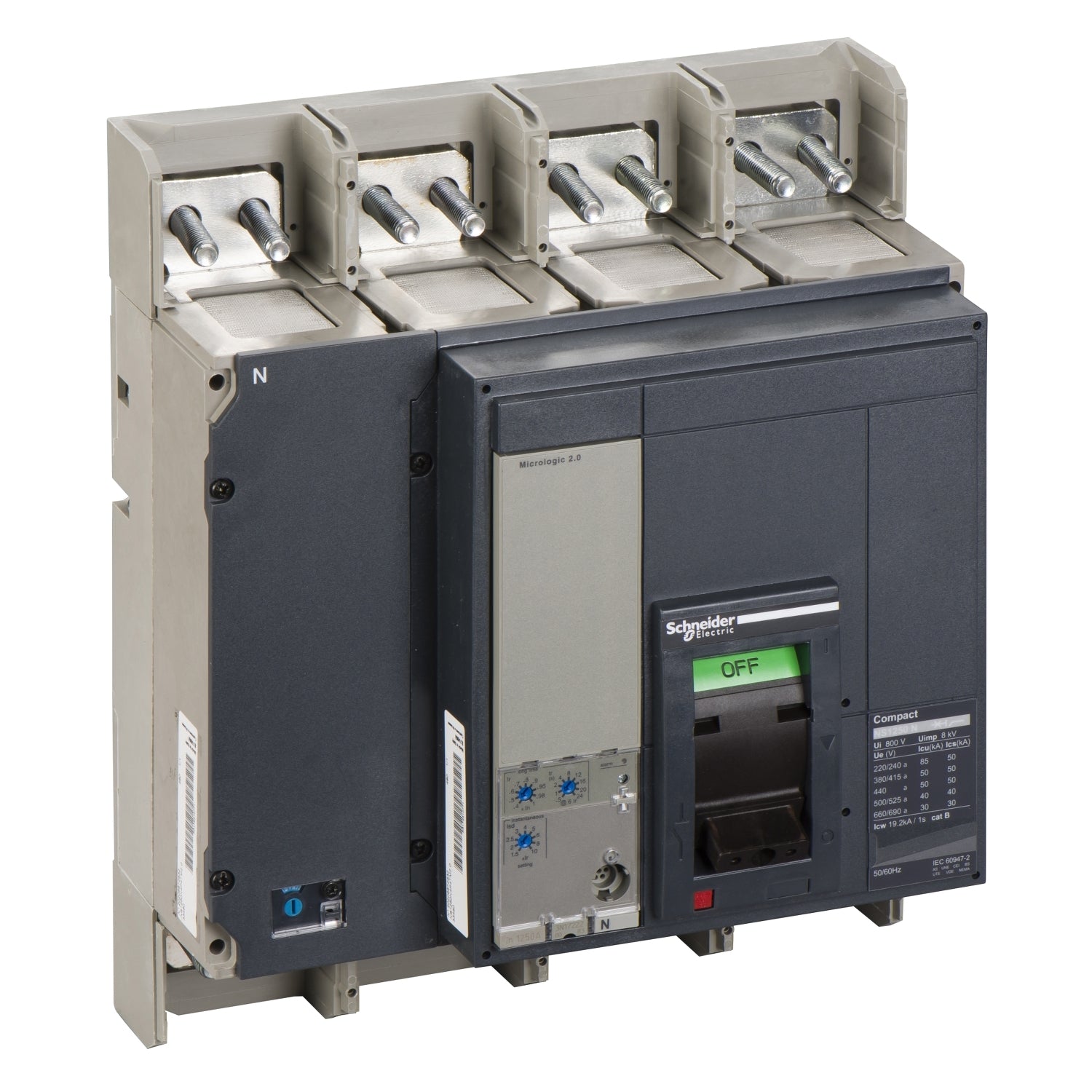 NS1250N4PEF2.0 Circuit breaker, ComPact NS1250N, 50kA/415VAC, Micrologic 2.0 trip unit, 1250A, fixed, 4 poles 4d