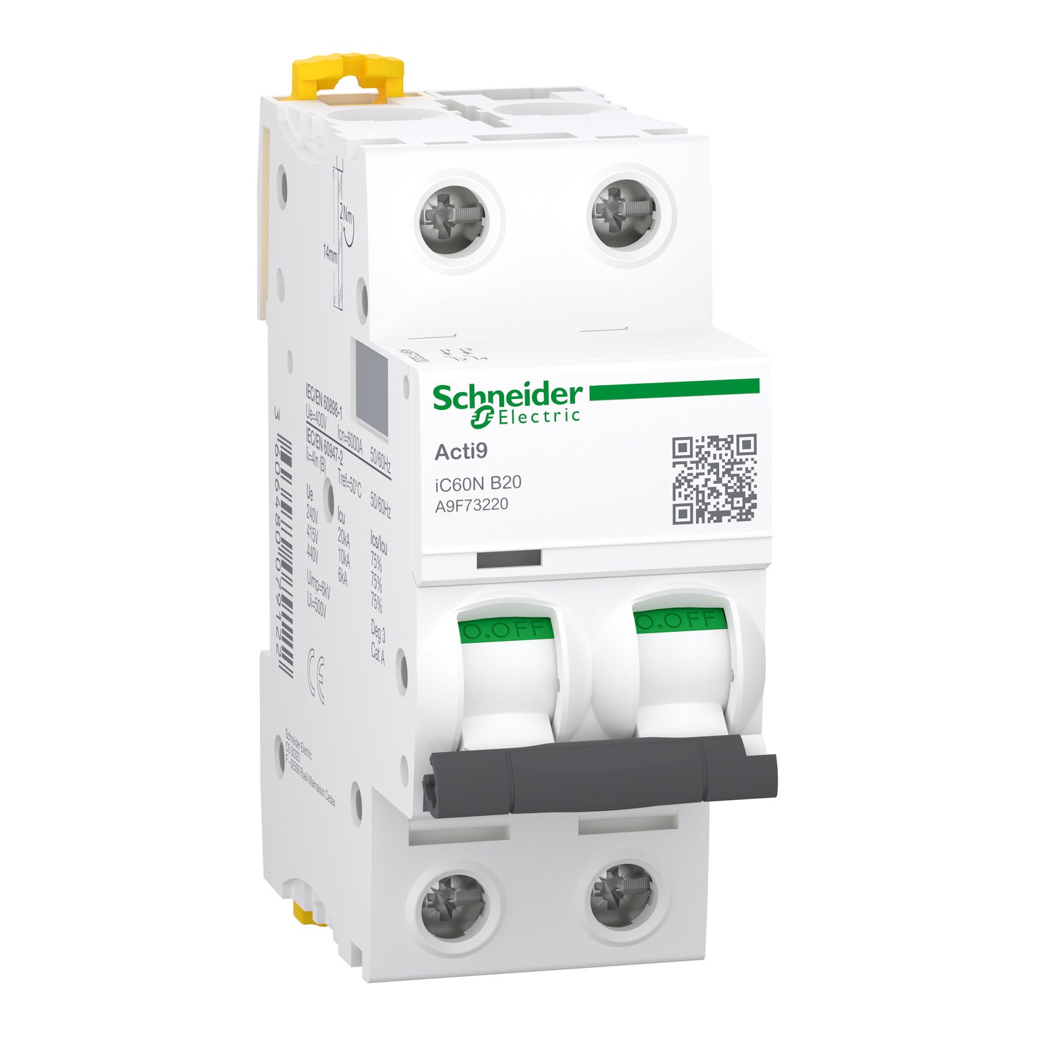 A9F73220 Miniature circuit-breaker, Acti9 iC60N, 2P, 20 A, B curve, 6000 A (IEC 60898-1), 10 kA (IEC 60947-2)