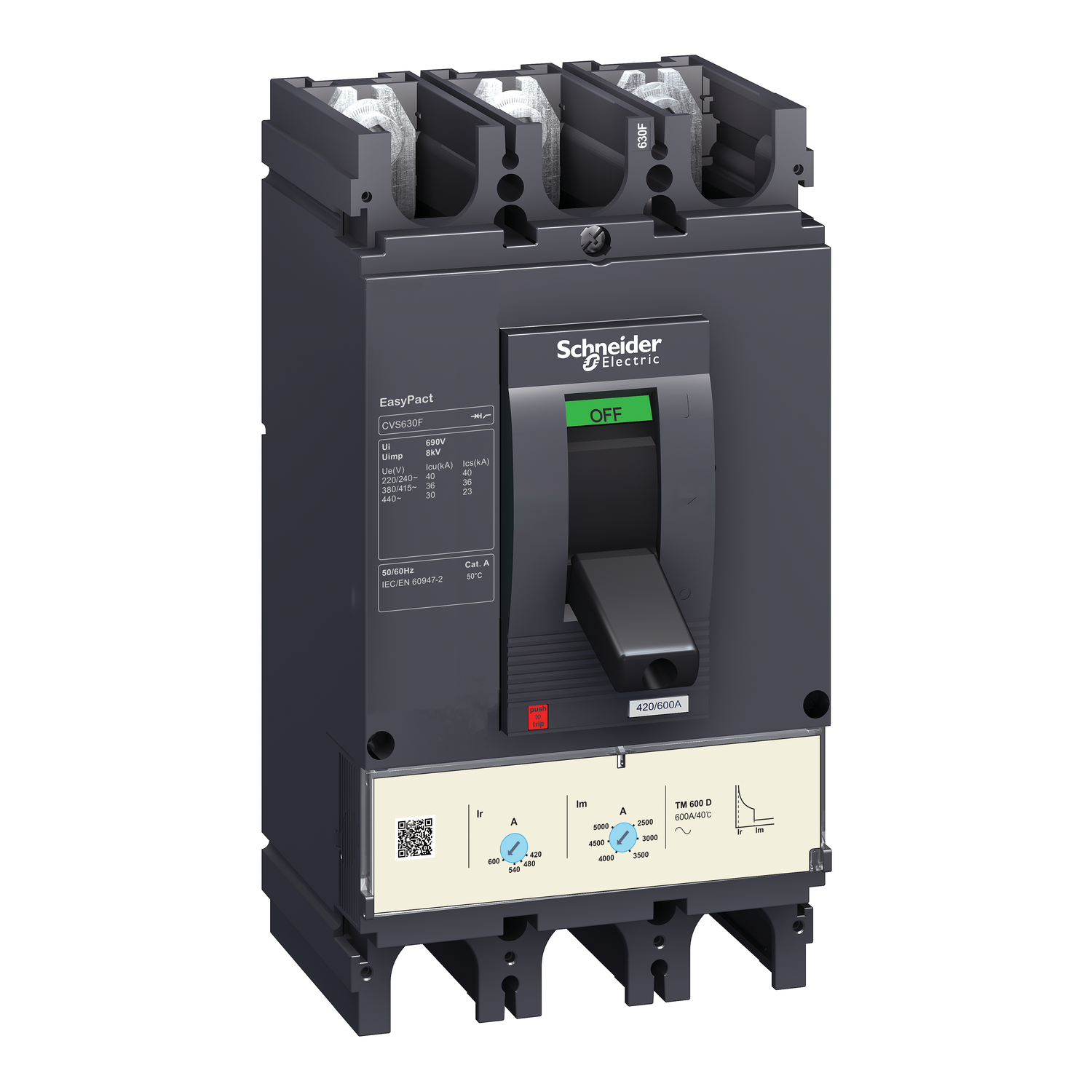 LV563306 
circuit breaker, EasyPact CVS630F, 36kA at 415VAC, 600A, TM-D trip unit, 3P3d