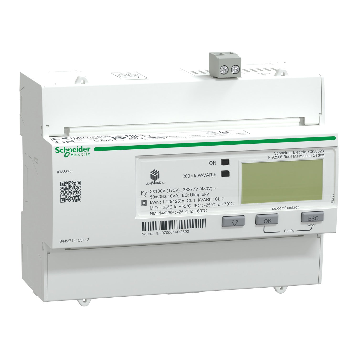 A9MEM3375 
iEM3375 energy meter - 125 A - LON - 1 digital I - multi-tariff - MID