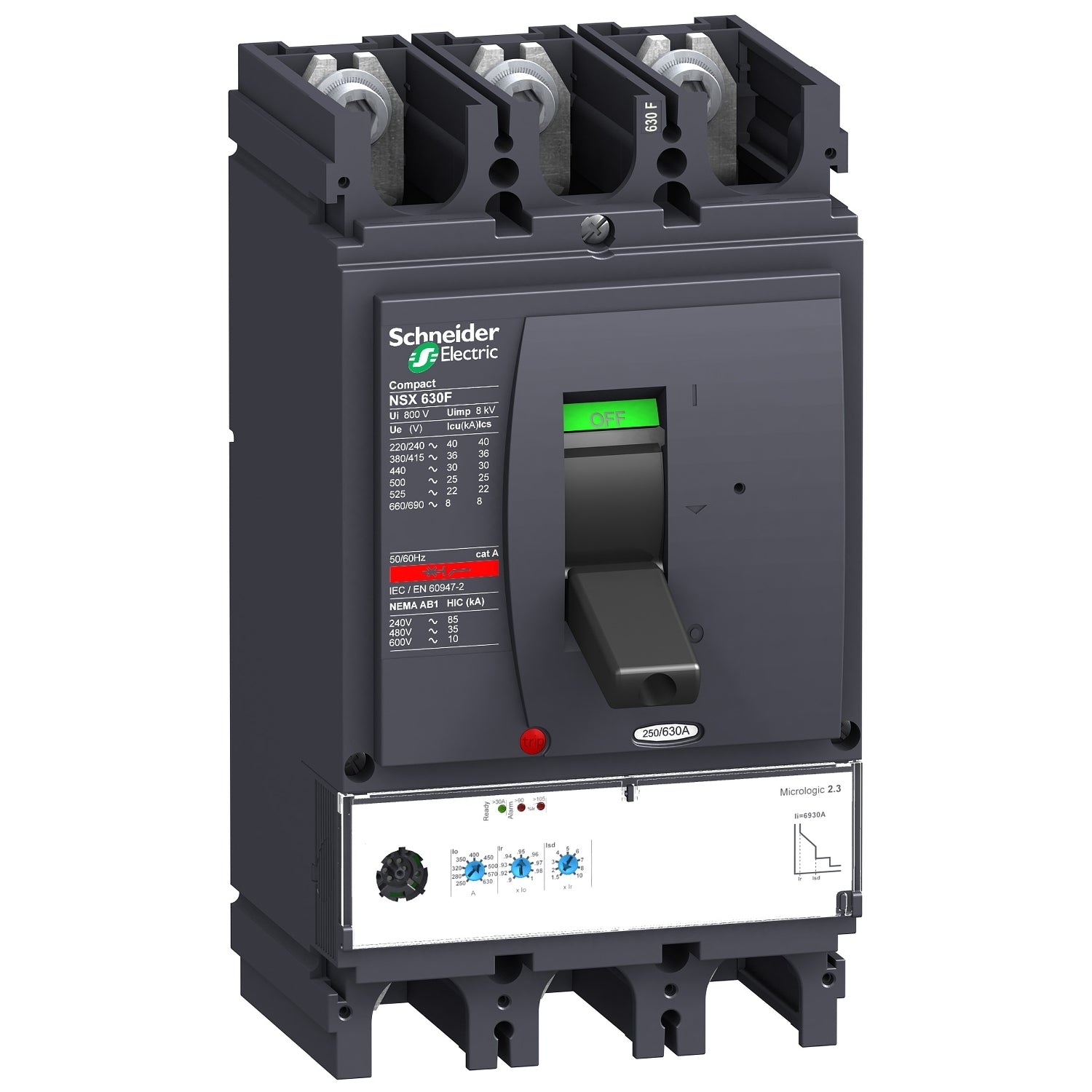 LV432876 circuit breaker ComPact NSX630F, 36 kA at 415 VAC, MicroLogic 2.3 trip unit 630A, 3 poles 3d