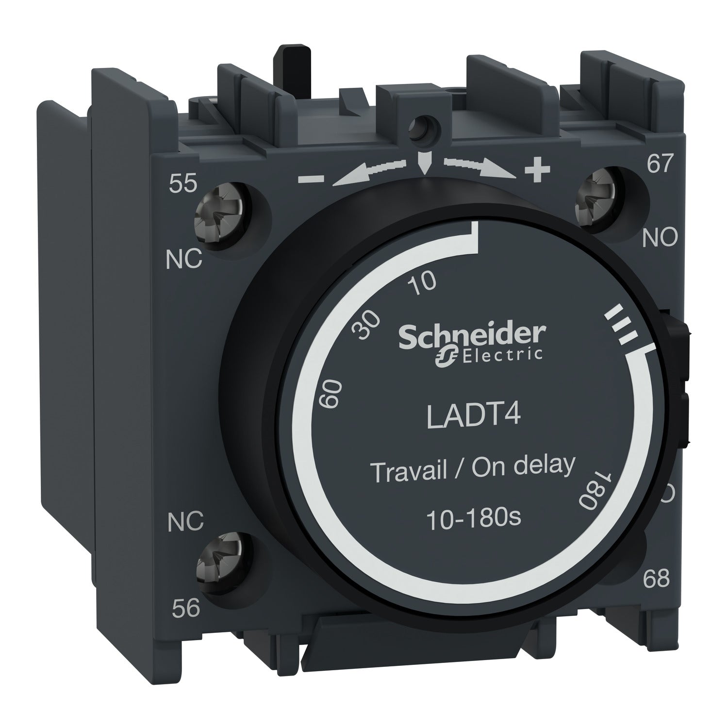 LADT4 Time delay auxiliary contact block, TeSys D, 1NO + 1NC, on delay 10-180s, front, screw clamp terminals