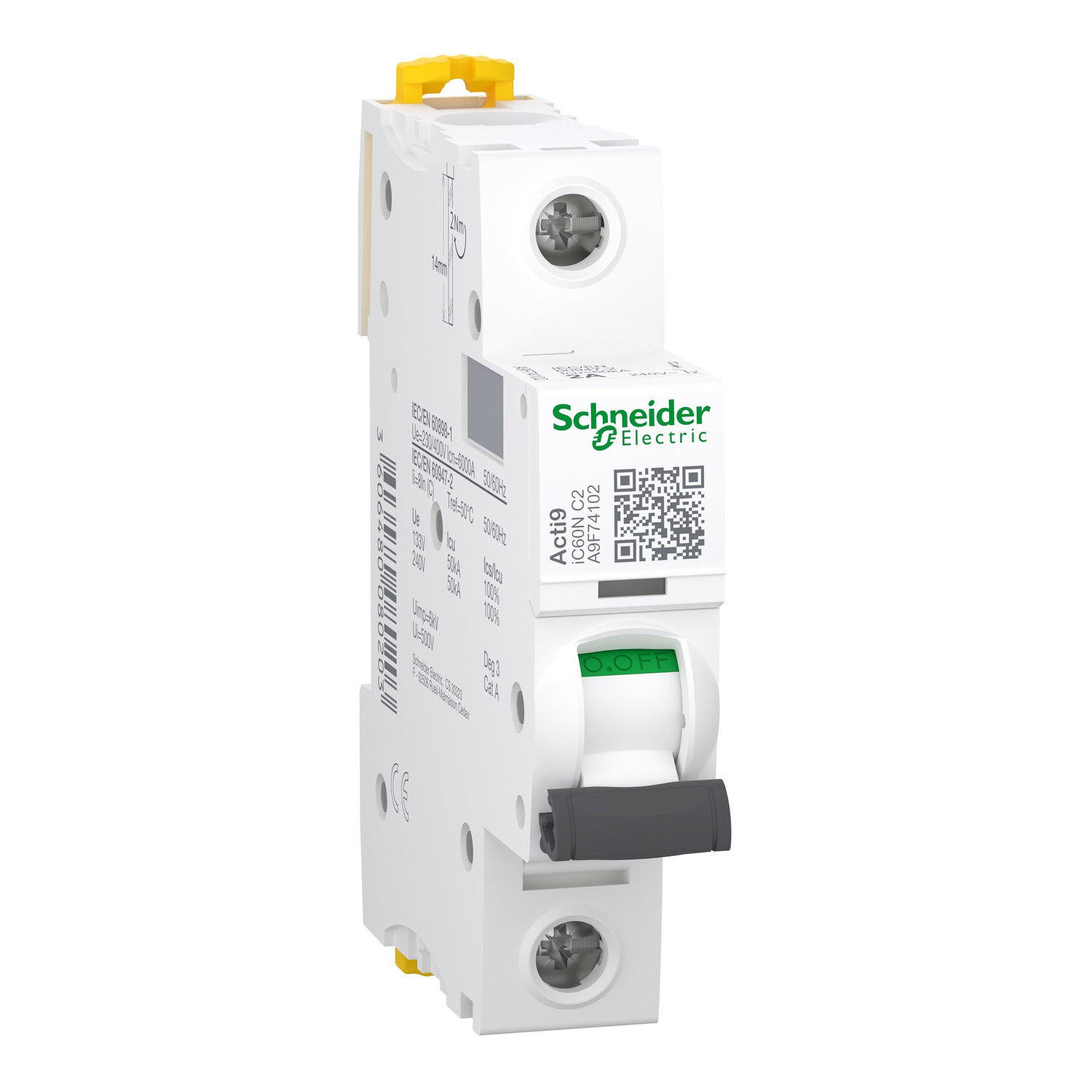 A9F74102 Miniature circuit-breaker, Acti9 iC60N, 1 pole, 2 A, C curve, 6000 A (IEC 60898-1), 50 kA (IEC 60947-2)