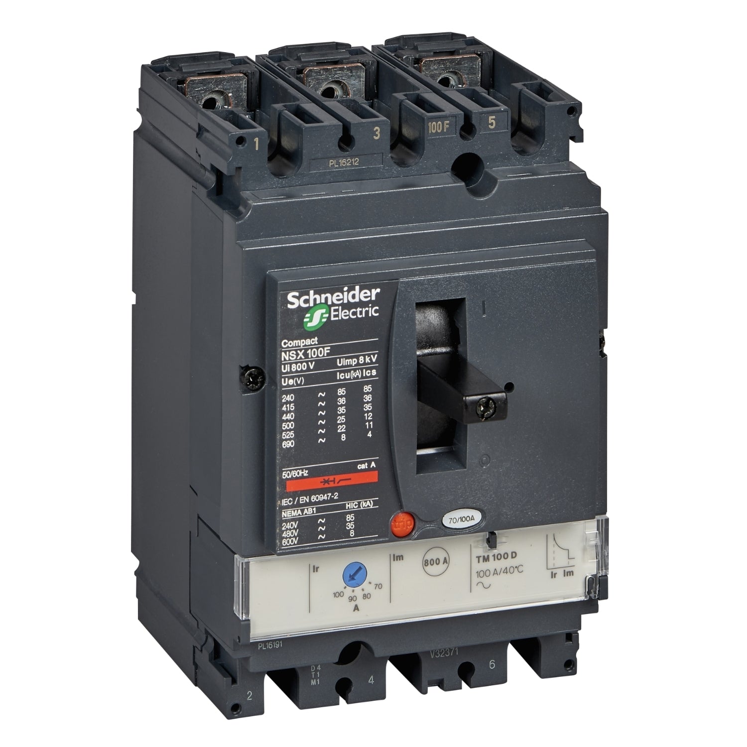 LV429633 circuit breaker ComPact NSX100F, 36 kA at 415 VAC, TMD trip unit 50 A, 3 poles 3d