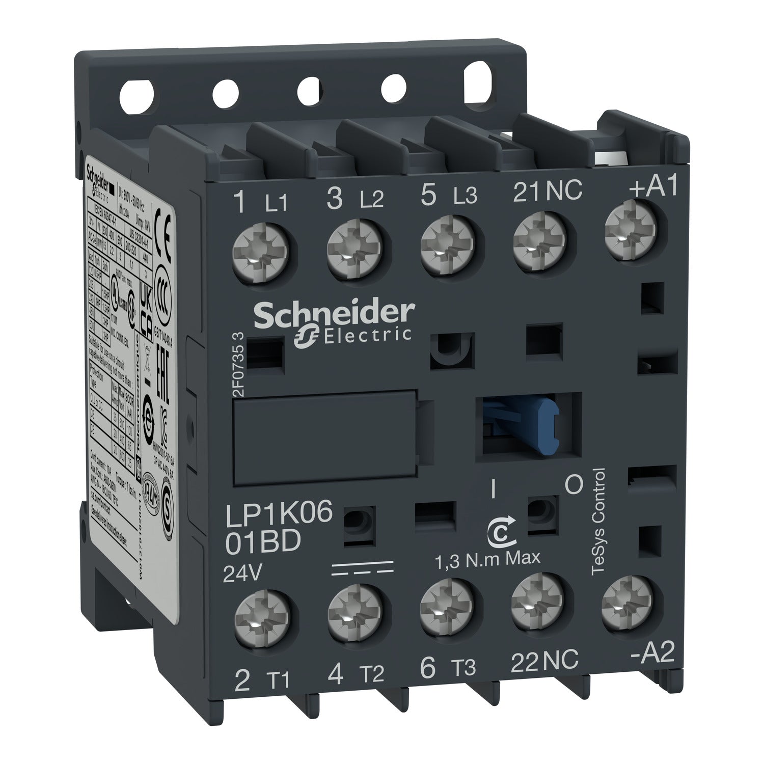 LP1K1201BD TeSys K contactor - 3P - AC-3 <= 440 V 12 A - 1 NC aux. - 24 V DC coil