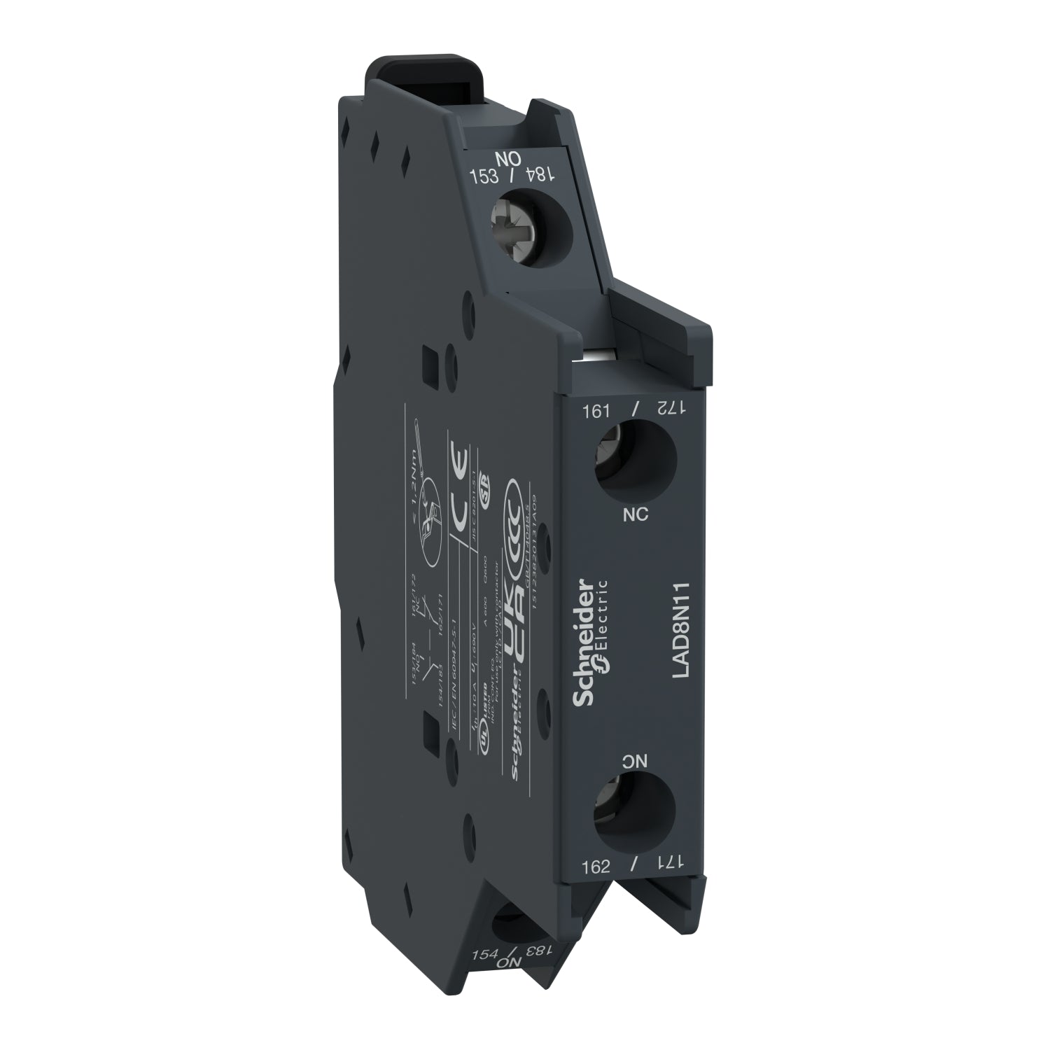 LAD8N11 Auxiliary contact block, TeSys D, 1NO + 1NC, side mounting, screw clamp terminals