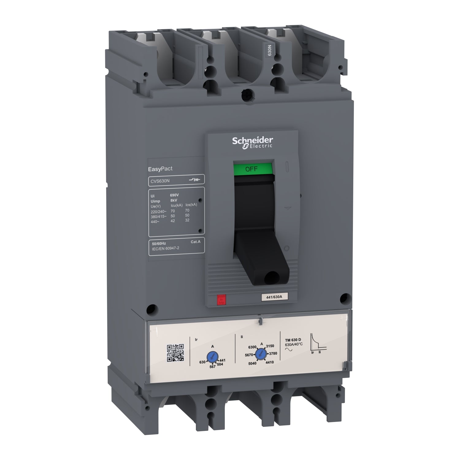 LV540315 circuit breaker EasyPact CVS400N, 50 kA at 415 VAC, 320A rating thermal magnetic TM-D trip unit, 3P 3d