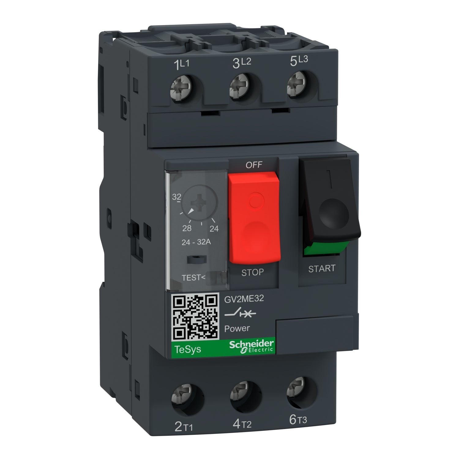 GV2ME32 
Motor circuit breaker, TeSys Deca, 3P, 24 to 32A, thermal magnetic, screw clamp terminals, button control