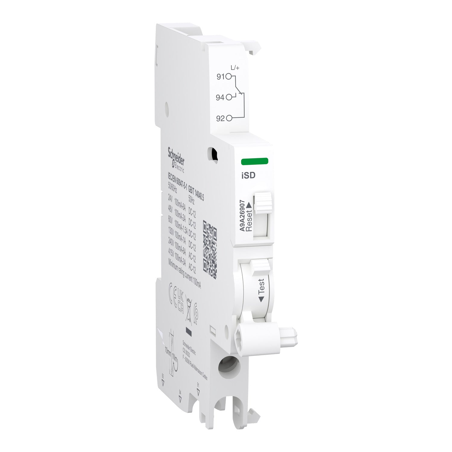 A9A26907 Auxiliary contact, Acti9 A9A, iSD, 1 C/O, 100mA to 6A, 24VAC to 415VAC, 24VDC to 130VDC, bottom connection