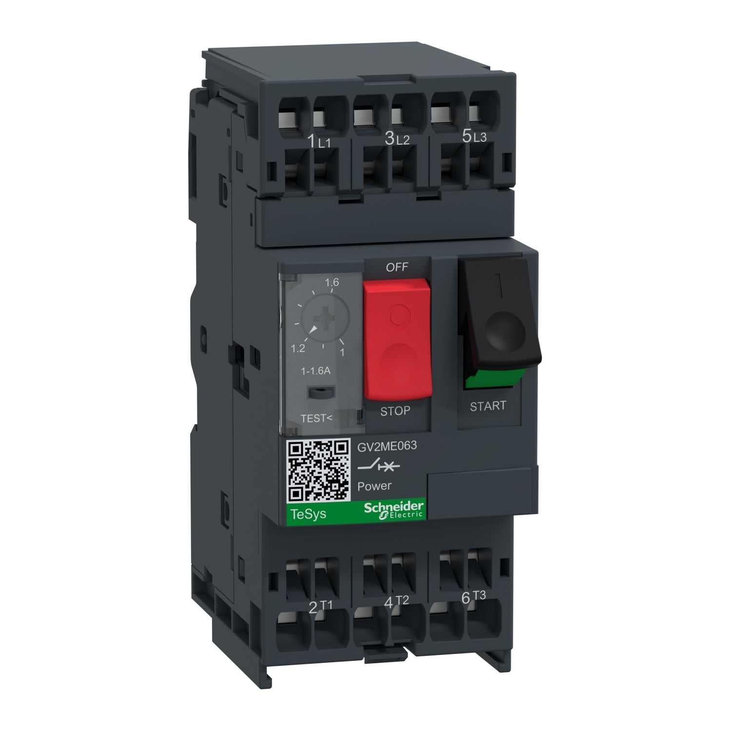 GV2ME063 Motor circuit breaker, TeSys GV2, 3P, 1-1.6 A, thermal magnetic, spring terminals
